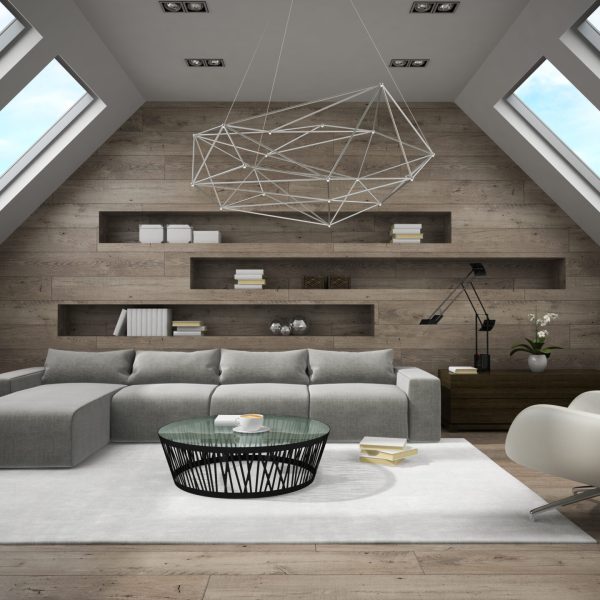 Interior of stylish mansard room 3D rendering 2